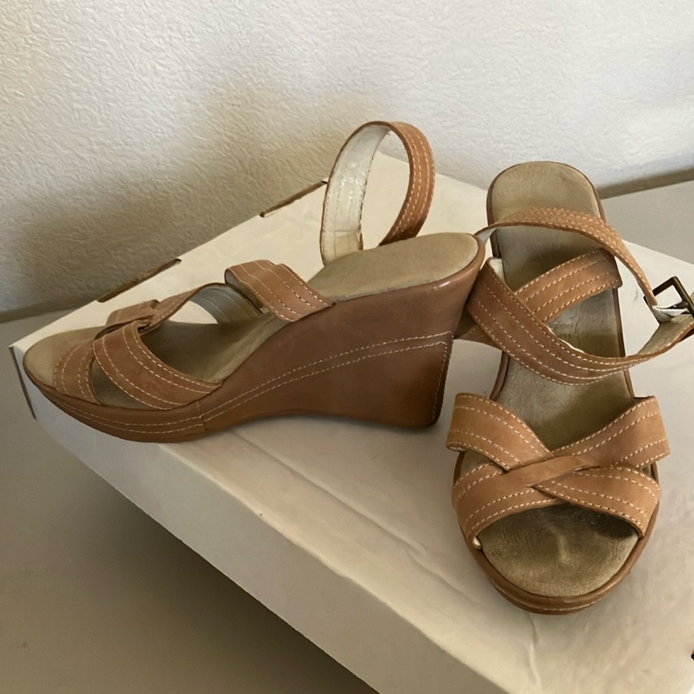 Women's New Look tan leather ankle wrap Wedge Sandals